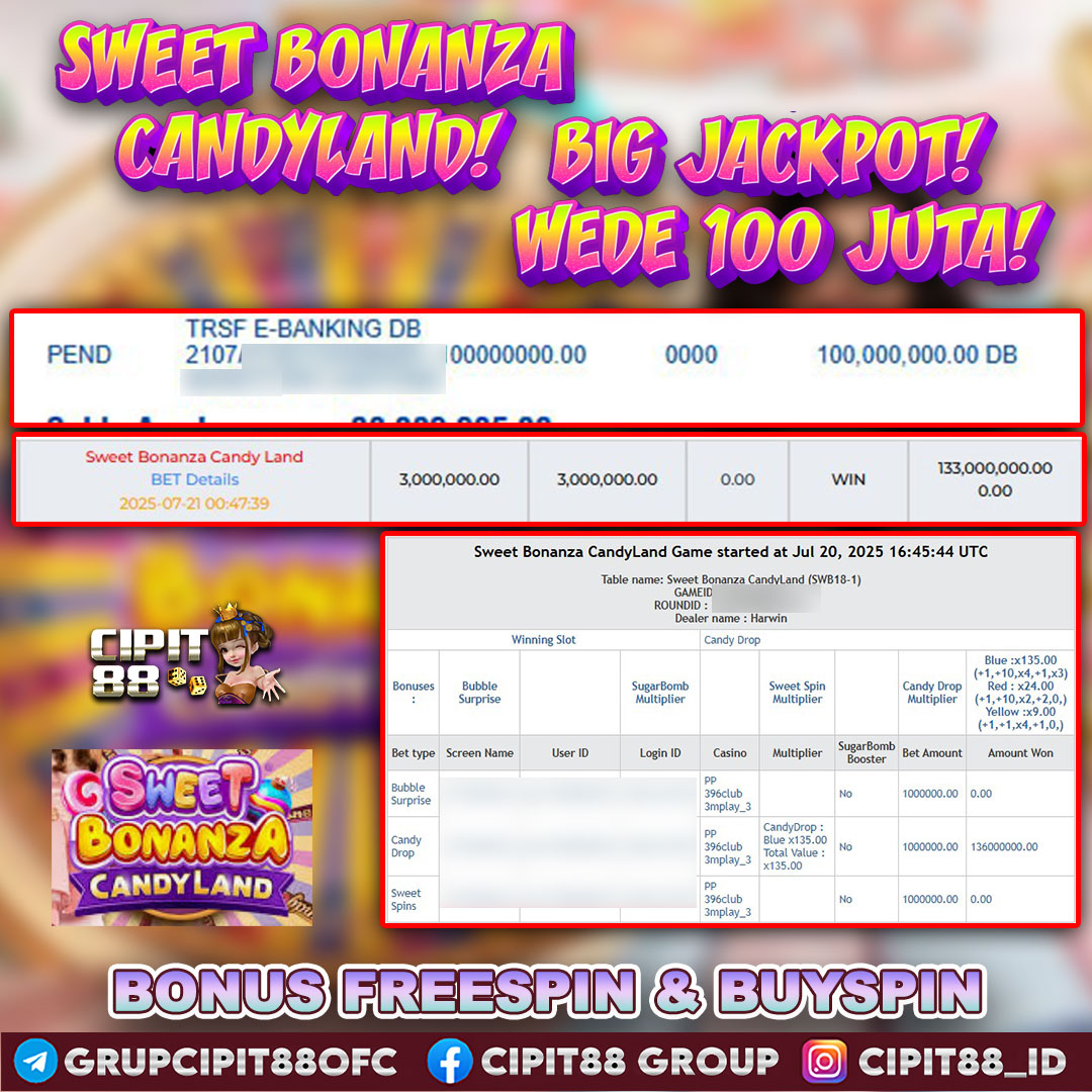 CIPIT88 JACKPOT LIVE CASINO SWEET BONANZA CANDY LAND RP 100.000.000 ID : BUL***