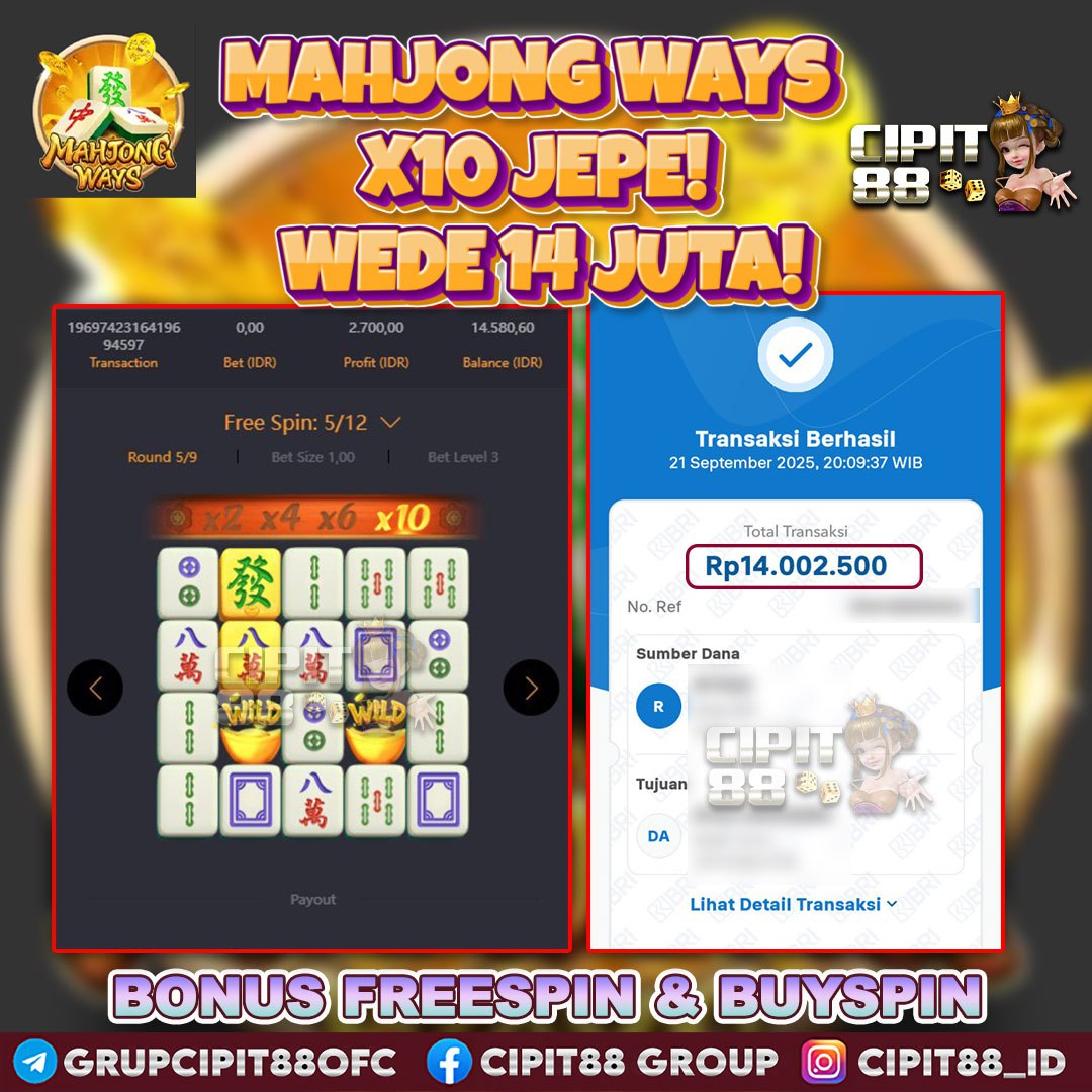 CIPIT88 JACKPOT SLOT MAHJONG WAYS RP 14.000.000 ID : GEL***