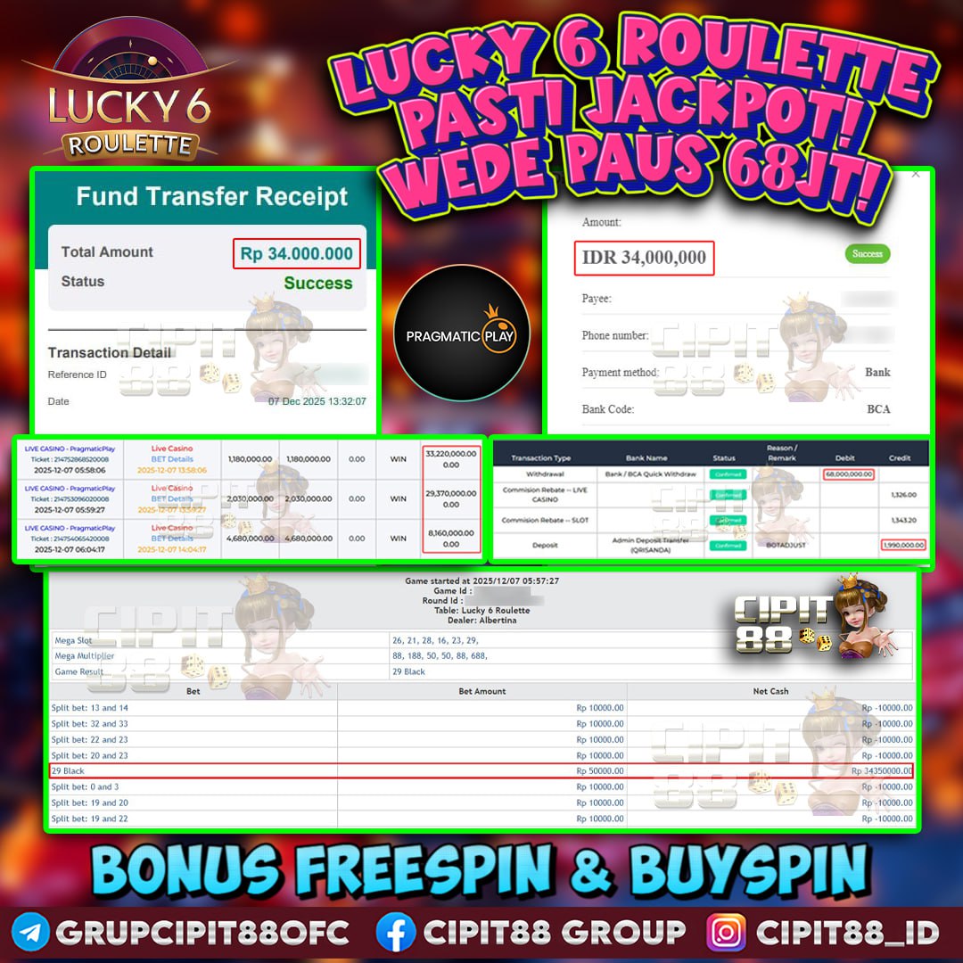 CIPIT88 JACKPOT LIVE CASINO LUCKY 6 ROULETTE RP 68.000.000 ID : DEN***