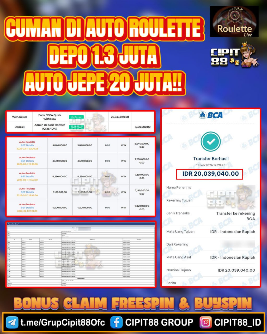 CIPIT88 JACKPOT LIVE CASINO AUTO ROULETTE RP 29.039.040 ID : MIF***